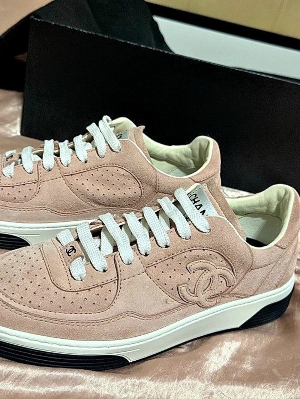 Chanel Pink Suede CC Low-Top Sneakers in Pink & White